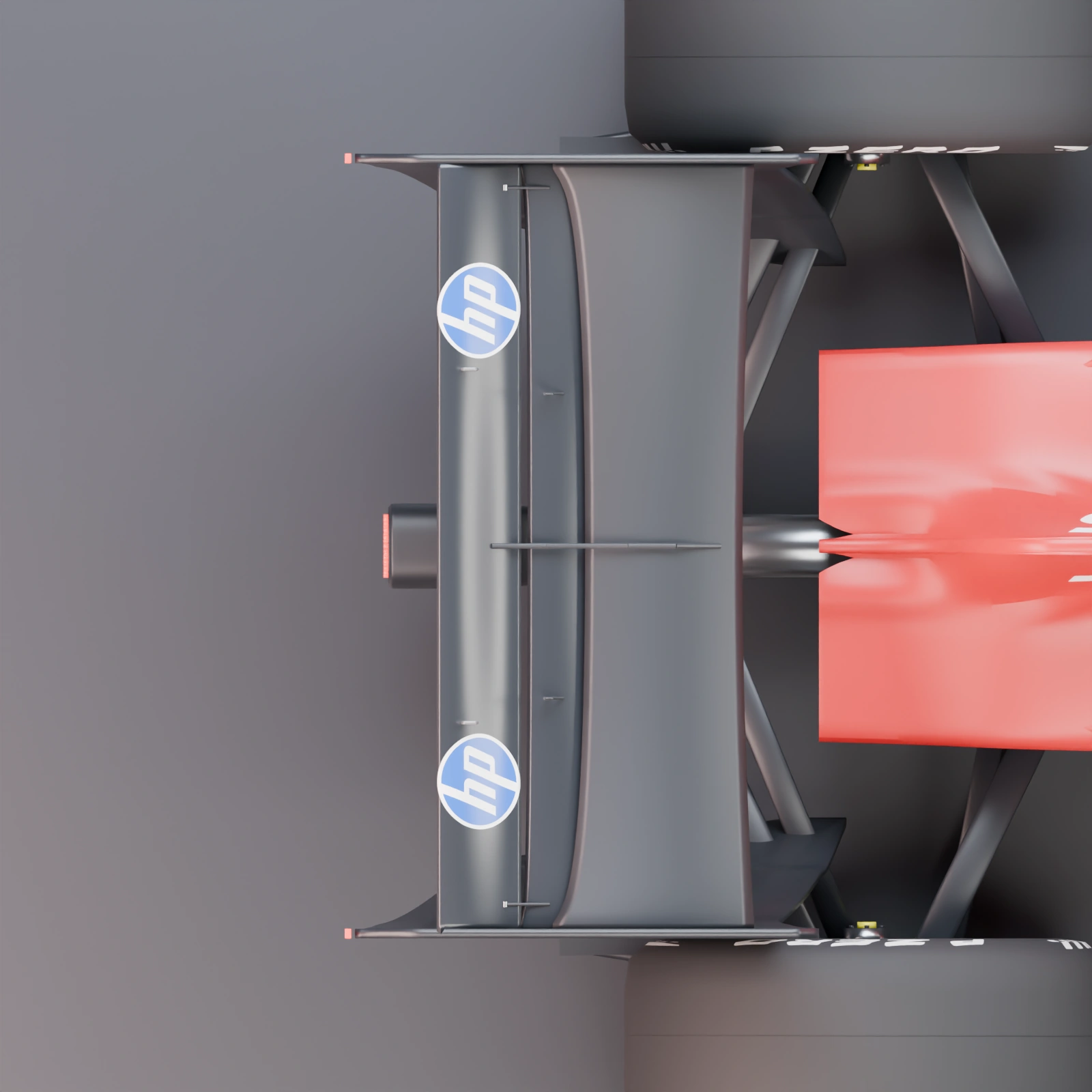 HP mapping on the reviewed upper-front wing surfaces. The overhead oval comes from projecting a surface circle, not stretching the source artwork.